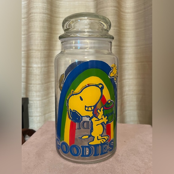 Peanuts Other - Vintage Peanuts Snoopy and Woodstock Glass Goodies Jar with Colorful Rainbow EUC